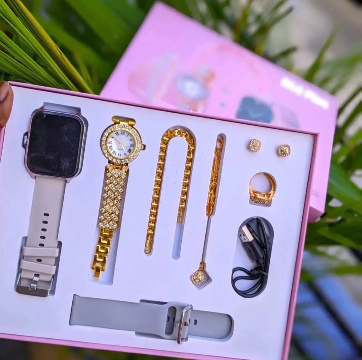 A58 Plus Womens Luxury Gold Watch Unique Gift Set Womens Gold Necklace Ring Double Band Womens Smart Watch A58 PLUS | Falak Store