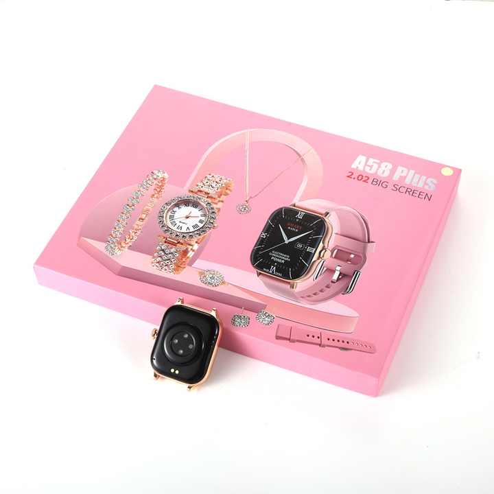 A58 Plus Womens Luxury Gold Watch Unique Gift Set Womens Gold Necklace Ring Double Band Womens Smart Watch A58 PLUS | Falak Store